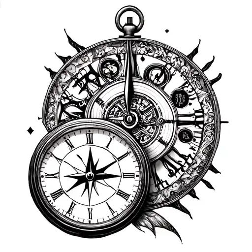time piece and compass tattoo design idea