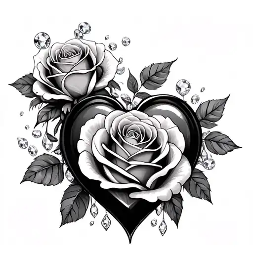 roses open with dimond love heart made tattoo design idea