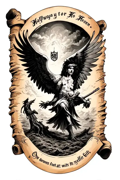 Old scroll with a text '' Halfway to Heaven or halfway to HellMy angels and demons at war with myselfOne foot in the f tattoo design idea