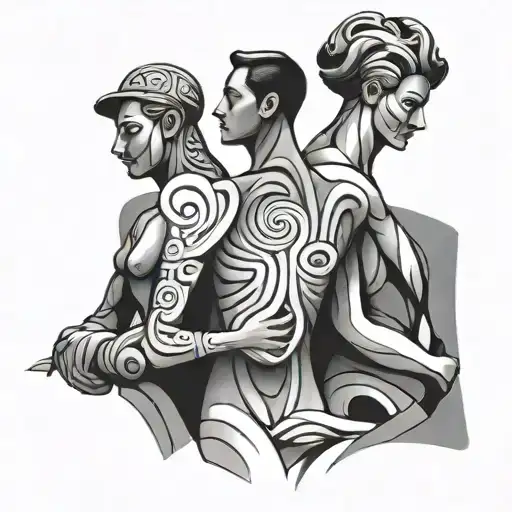 three abstract figures, one standing on the other's shoulders, stylized in a way that feels timeless and powerful. tattoo design idea