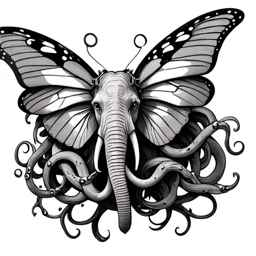 Semicolon,Butterfly,Medusa,Magnificent,Elephant,Poison,Safety pin - all 8 elements combined into 1 tattoo design idea