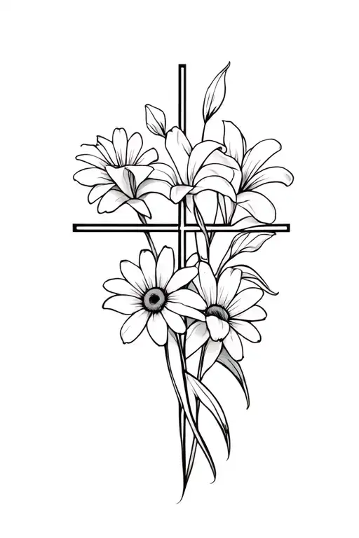 a fine line cross with lillies and gerber daisies around it tattoo design idea