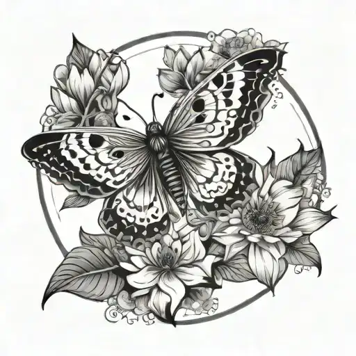 lunar moth, lotus flowers surrounding, mandala design incorporating tattoo design idea