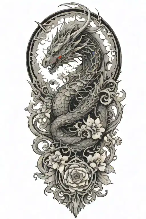 dragon ascending; fractal; flower; false idol; frameless tattoo design idea