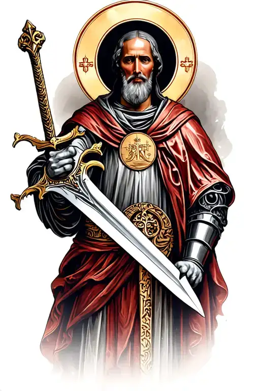 saint benedict medal knight holding a sword tattoo design idea