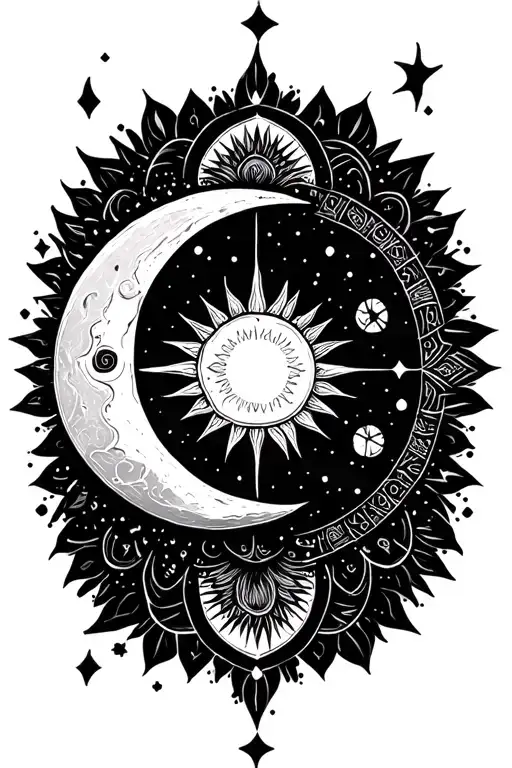 create a tattoo in a feminine style, with esoteric symbols (moon, sun, constellations) with mandala and tattoo design idea