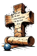 cobblestone cross with writing "the devil can scrap but the Lord has won" in old font on a scroll. with a bowling lane tattoo design idea