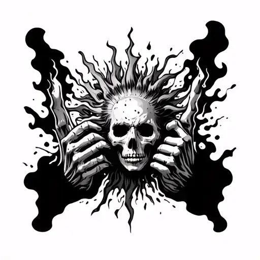 The bony figure holds the sun in his hands, but it burns his fingers, and black cracks are visible around it tattoo design idea