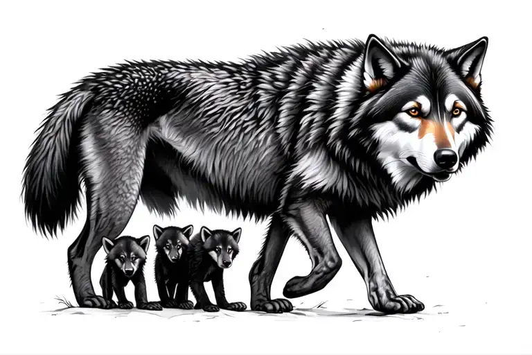 walking mother wolf and 2 cubs tattoo design idea