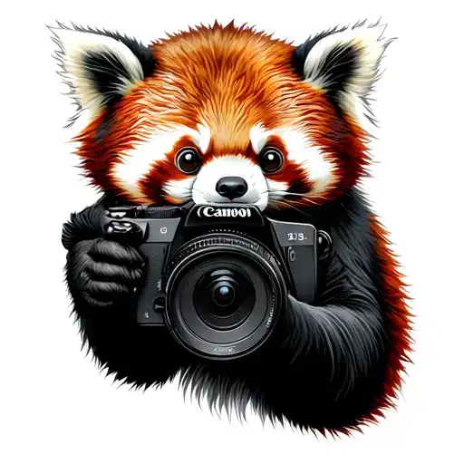 Tattoo on the right forearm, red panda holding the Canon 5d Mark 3 camera tattoo design idea