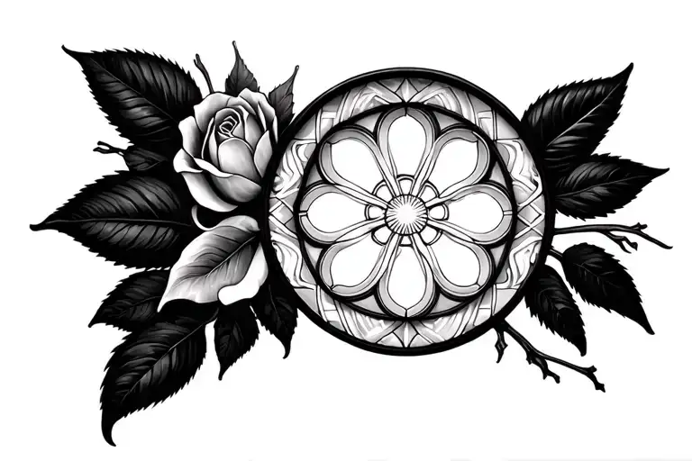 rose window realism sleeve tattoo design idea