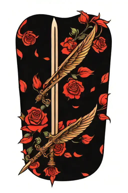 angel wings behind a sword, roses tattoo design idea
