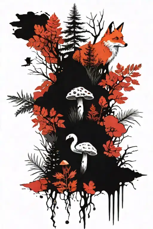 Forest with ferns and mushrooms, branches, cones, moon and sun sign, fox tattoo design idea