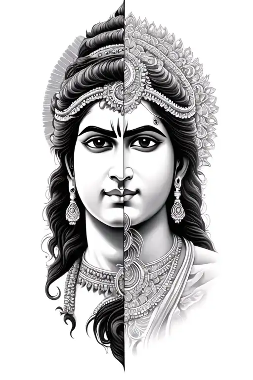 half lord Shiva and half lord krishna sleeve tattoo tattoo design idea