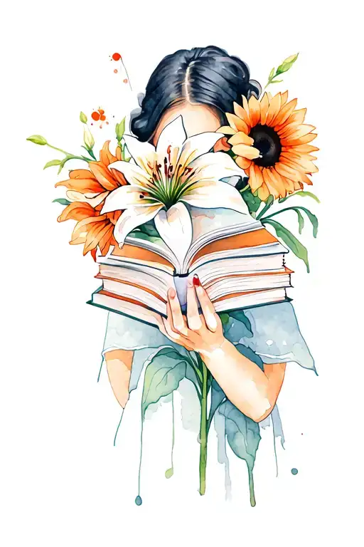 woman with face concealed by book she's reading. whimsical. sunflowers. white and orange lilies. book stack tattoo design idea