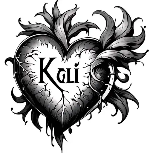 Heart Tattoo with the name Kali in the middle but in a cybersigilism way tattoo design idea