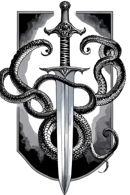 Sword down the back with somthing from the sword on the neck with snakes wrapped around the sword that go down both arms tattoo design idea