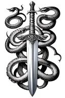 Sword down the back with somthing from the sword on the neck with snakes wrapped around the sword that go down both arms tattoo design idea