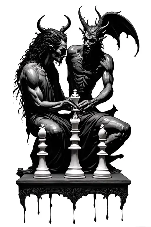 god and devil playing chess tattoo design idea