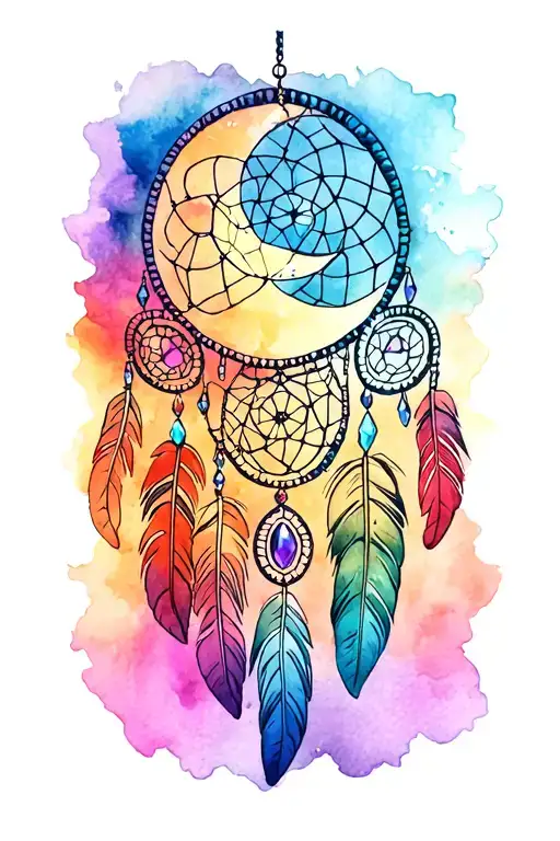 Dream Catcher sun and moon, with feathers and gems, boho style, key hanging off  tattoo design idea