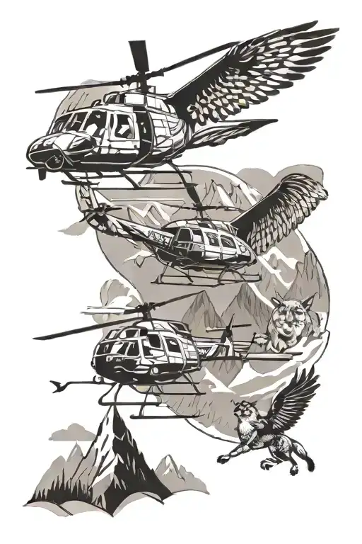 An intricate design of a mountain background with a Lynx helicopter and gazelle helicopter flying above, accompanied by a pack of Alaskan Malamutes and a lone eagle tattoo design idea