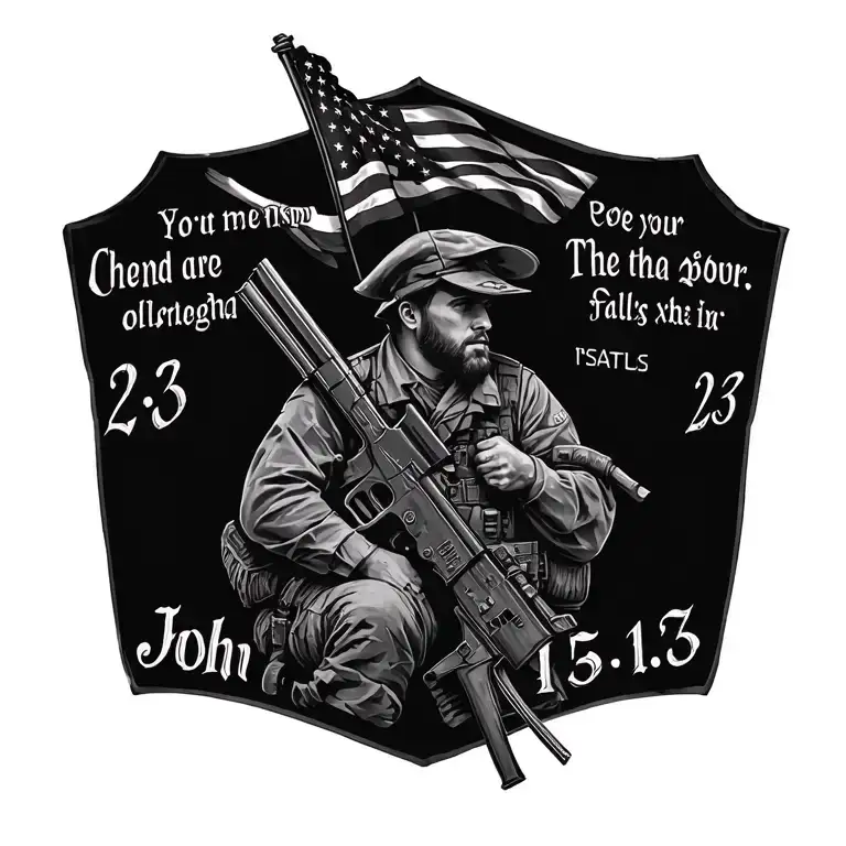 christian fallen soldier memorial with psalm 23 and john 15:13 scriptures tattoo design idea