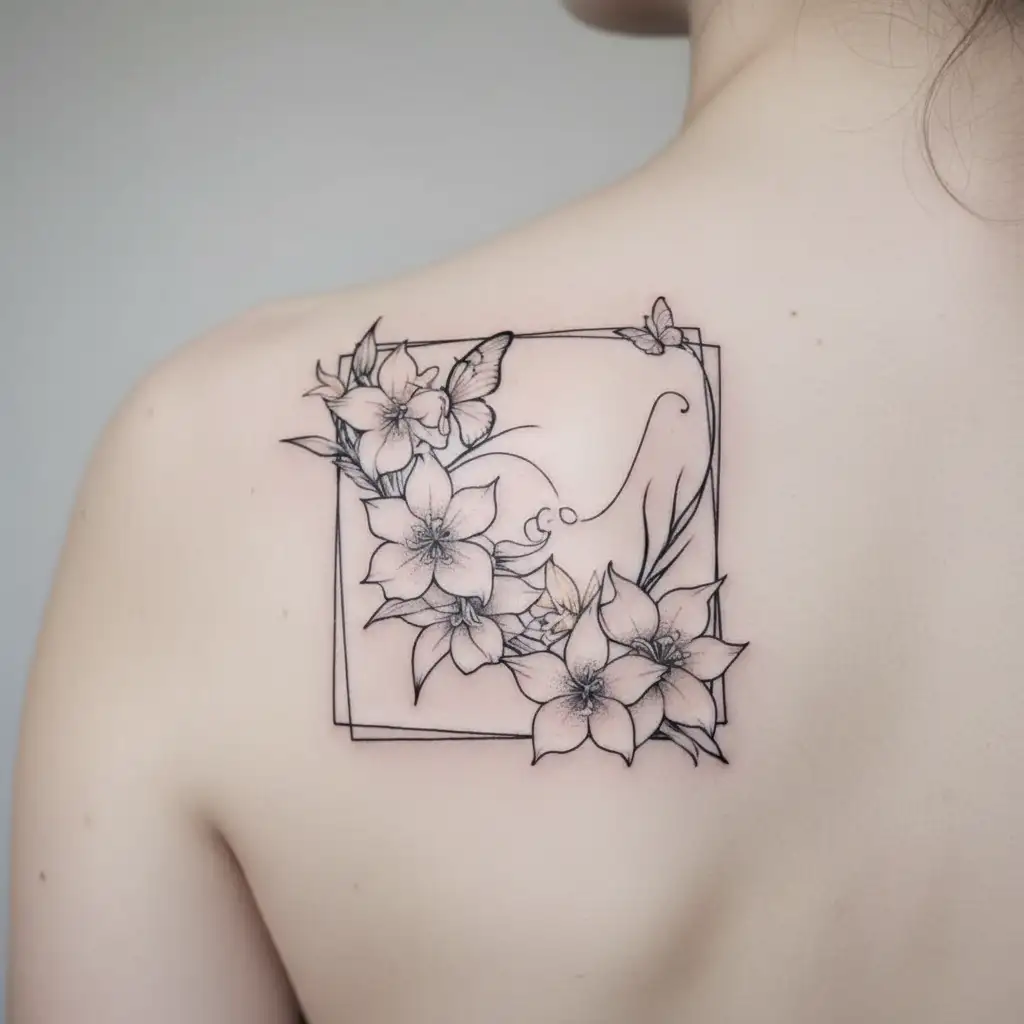 butterfly cut in half and the other half of it is the mixed flowers gladiolus, daffodil, and daisy connected to the othe tattoo design idea