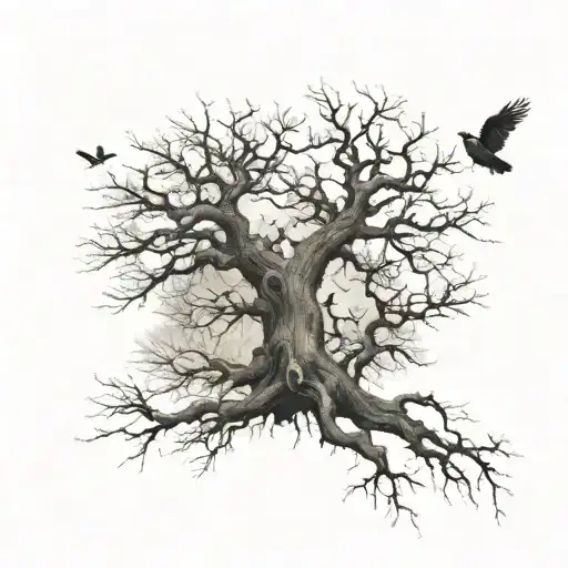 Tree with 4 birds sitting in the tree and 1 bird flying away tattoo design idea
