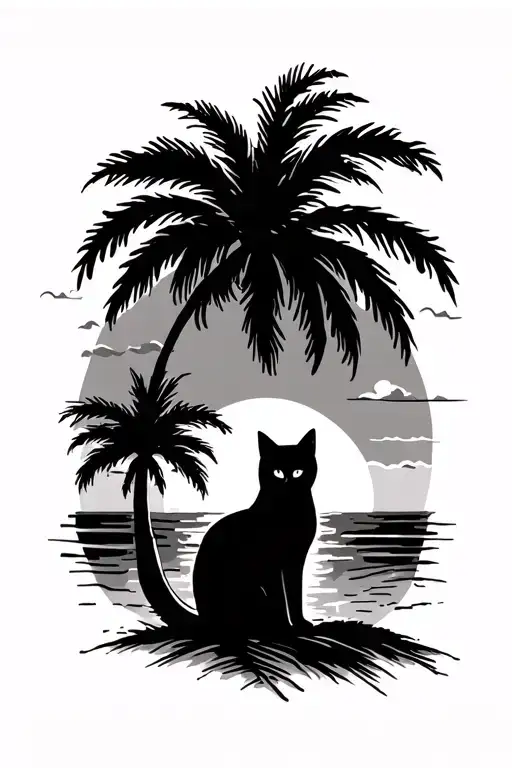 palm trees with sun setting with cat on the beach look at sun setting  tattoo design idea