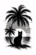 palm trees with sun setting with cat on the beach look at sun setting  tattoo design idea