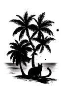 palm trees with sun setting with cat on the beach look at sun setting  tattoo design idea