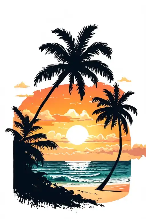 sunset beach scene with palm trees distressed at sides tattoo design idea