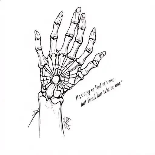 spider web on hand with skeleton fingers and the quote "It's easy to find a new one but its hard to find a true one" tattoo design idea