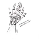spider web on hand with skeleton fingers and the quote "It's easy to find a new one but its hard to find a true one" tattoo design idea
