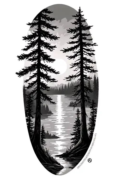  sunset, forest,pine trees, nature scence, half compass  tattoo design idea