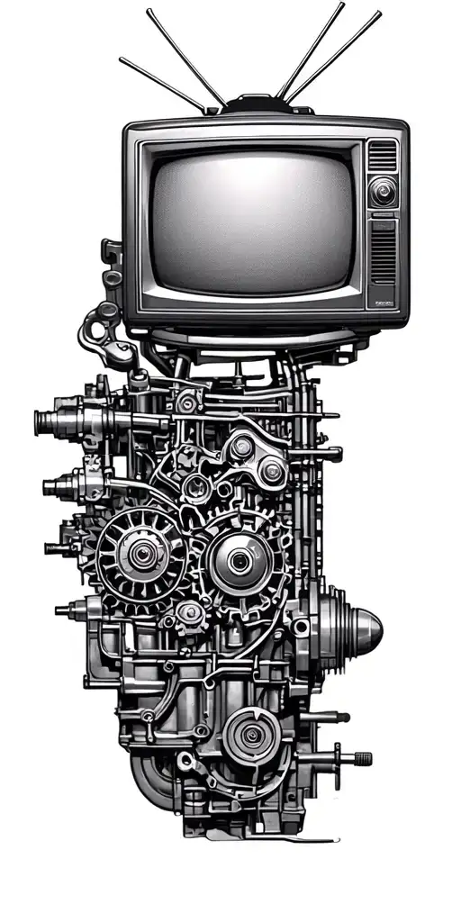 A TV screen showing a classic car engine being rebuilt, with intricate gears and tools tattoo design idea