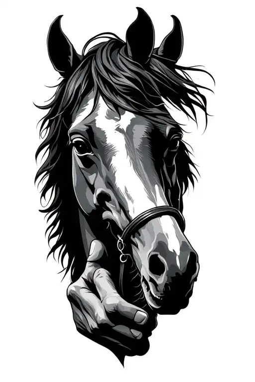 two-faced man face, open hand, horse head tattoo design idea