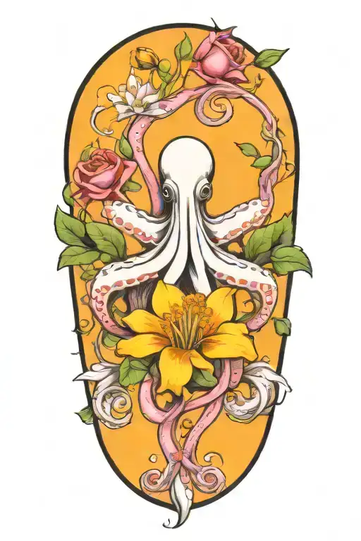 snowdrop, rose, marigold, octopus tentacles tattoo design idea
