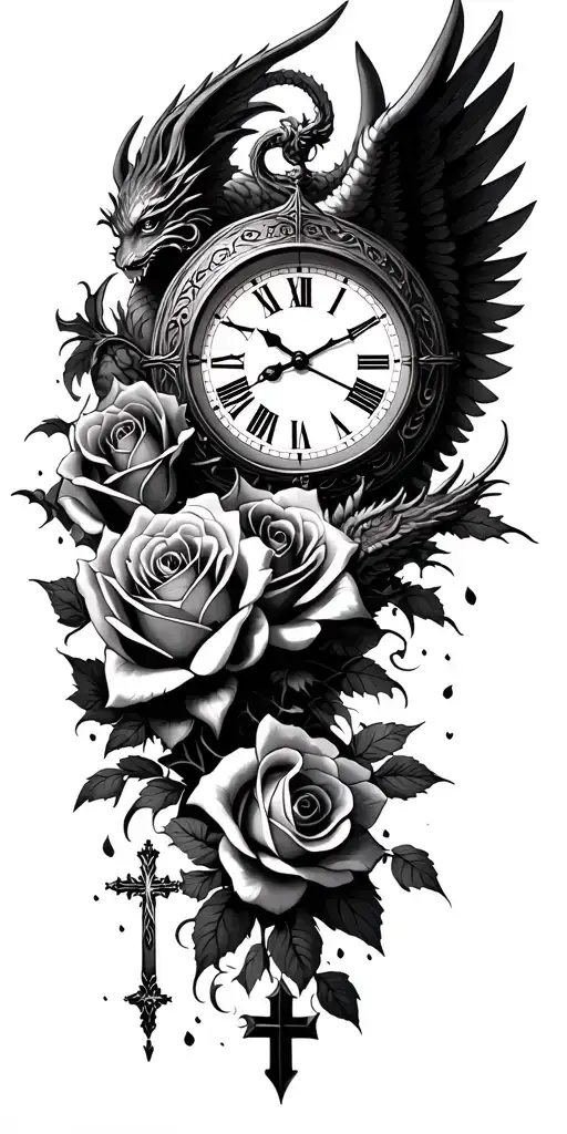 clock face, angel falling, roses, eye, dragon,  cross tattoo design idea