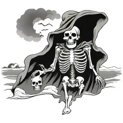 skeleton in a cloak walking along a beach with tornados in the background  tattoo design idea