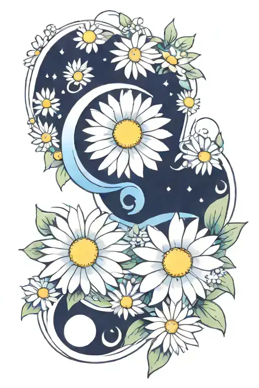 white daisys and blue crescent moon merging together tattoo design idea