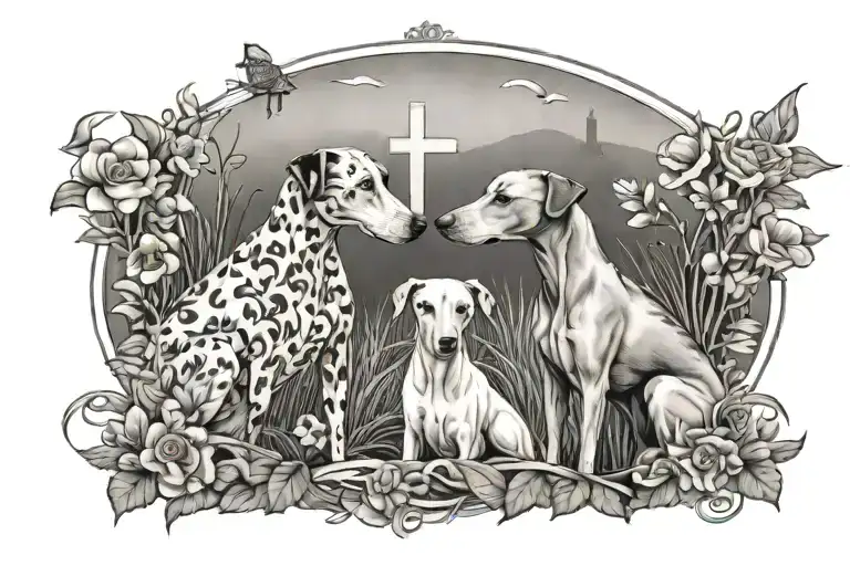 2 English whippets, one blonde and one black surrounded by nature (flowers/waves etc.) and a Christian cross somewhere tattoo design idea