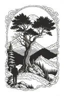 mountain,alpine tree and a person waiting in the hope to meet his lost love again and write "TENNIE" secretly in English tattoo design idea