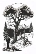 mountain,alpine tree and a person waiting in the hope to meet his lost love again and write "TENNIE" secretly in English tattoo design idea