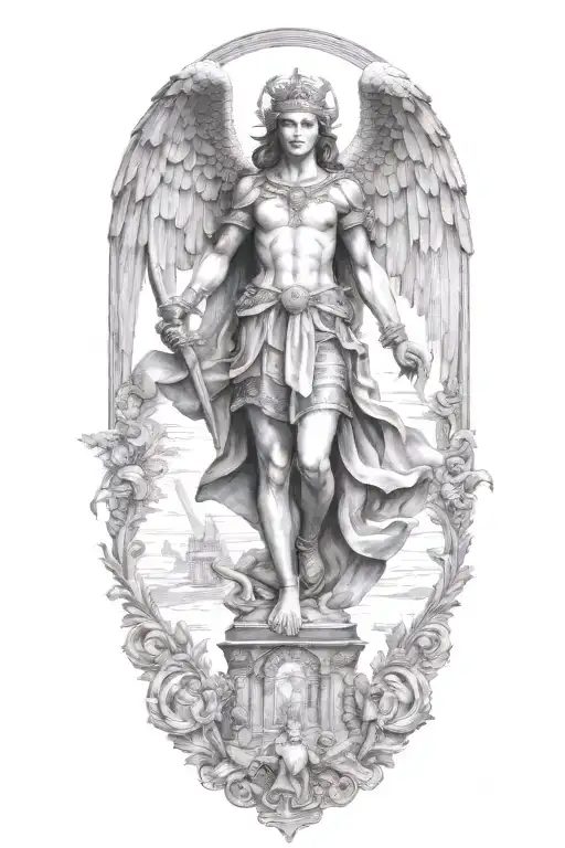saint michel victory over demon girl tattoo design idea