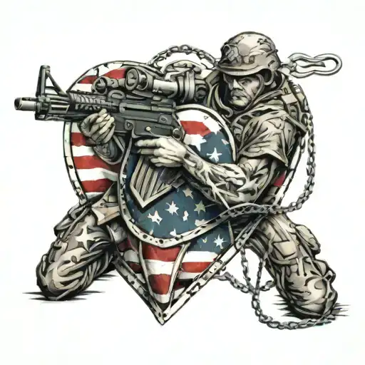 atanomic heart, american flag inlay, kneeling soldier holding m14 , chains around heart tattoo design idea
