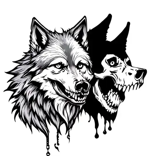 Skull and wolf silhouette tattoo design idea