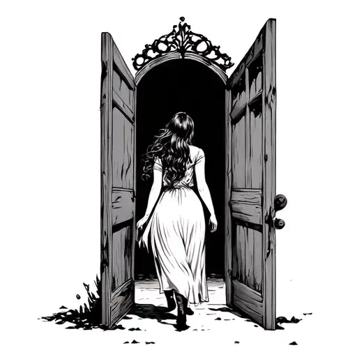 woman walking through a door opening into a fantasy world tattoo design idea