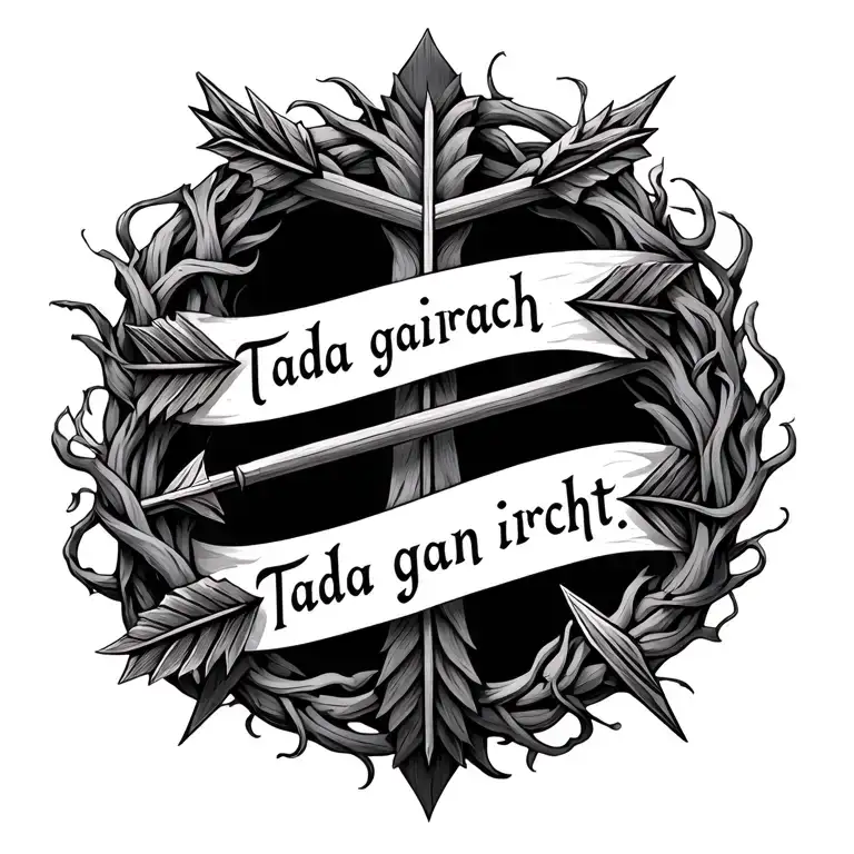two cross arrows wrapped in vines with the quote tada gan irracht tattoo design idea