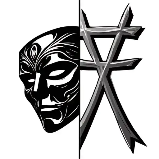 Combine between a picture of a template mask on the left and the cross on the right tattoo design idea